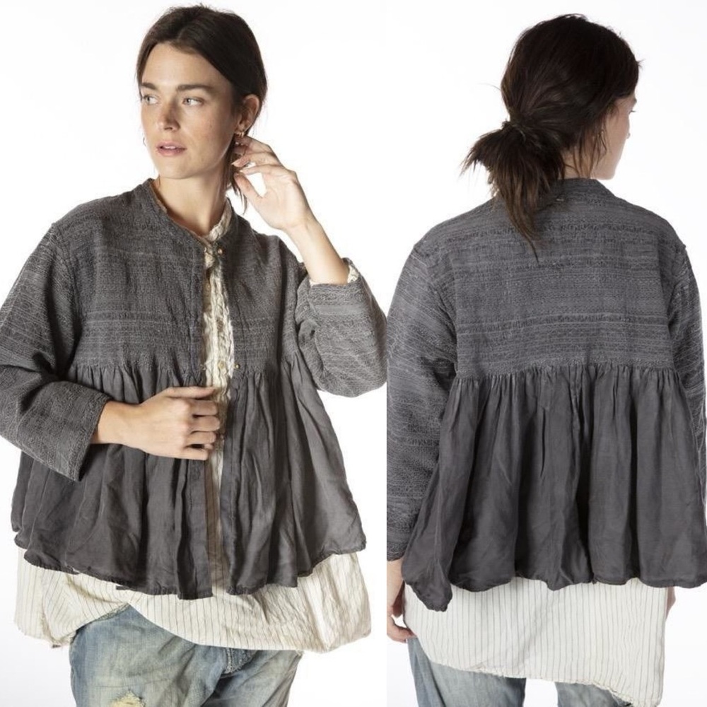 Magnolia Pearl Cotton Silk Kahlo Top Ruching, Embroidery & Antique Brass Buttons